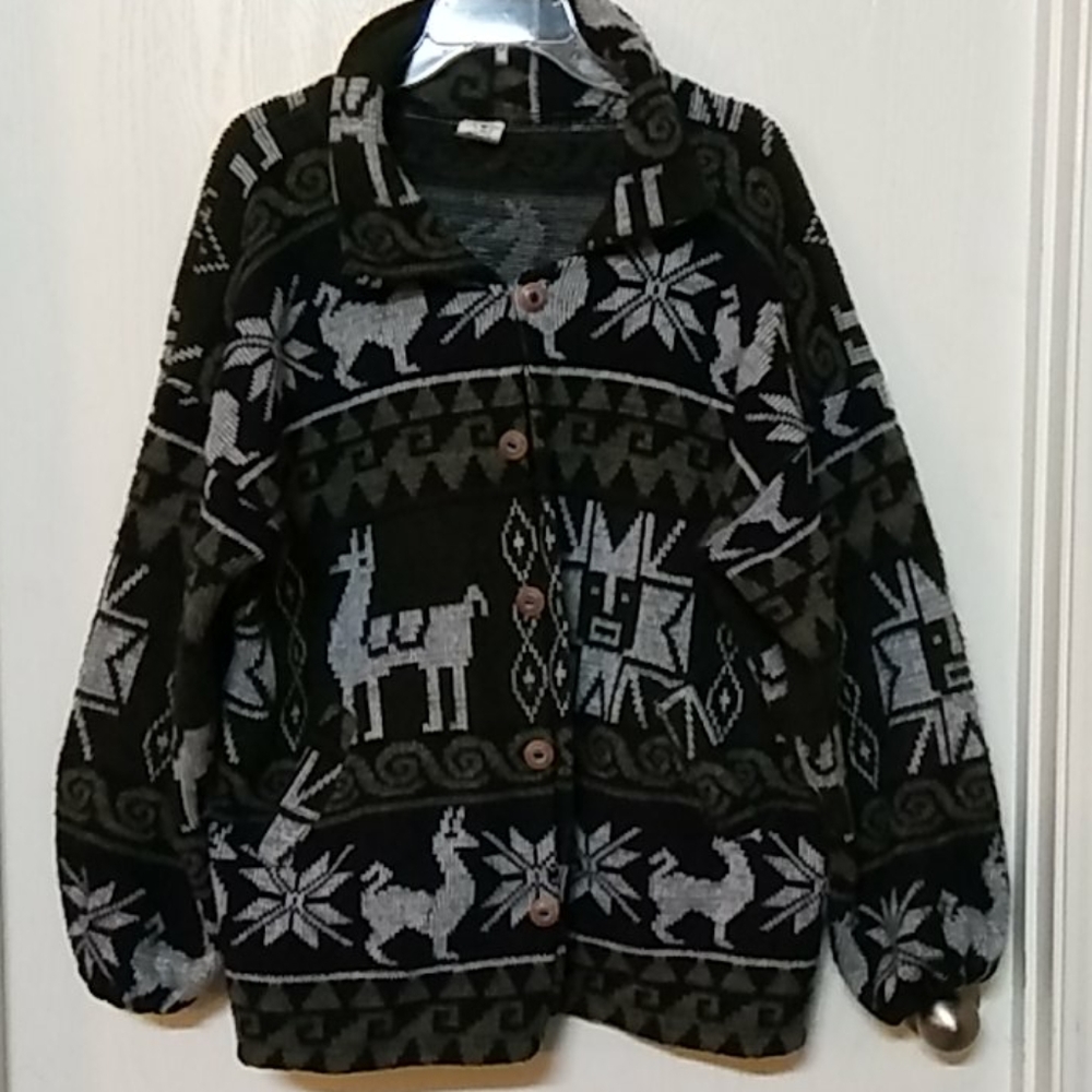 Vintage Alpaca Wool Equador Graphic Cardigan Sz L